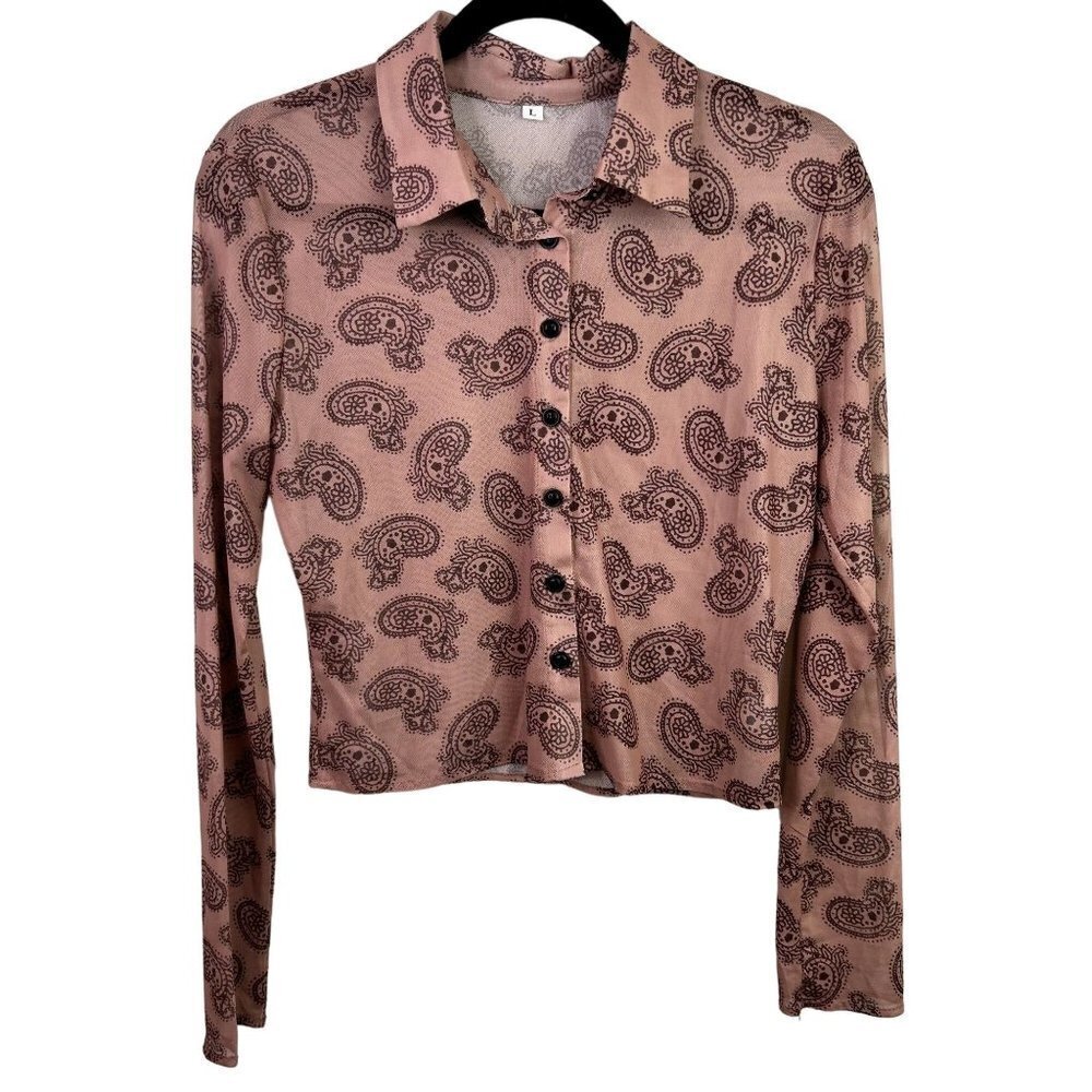 Brown sheer paisley print crop button down‎ size large